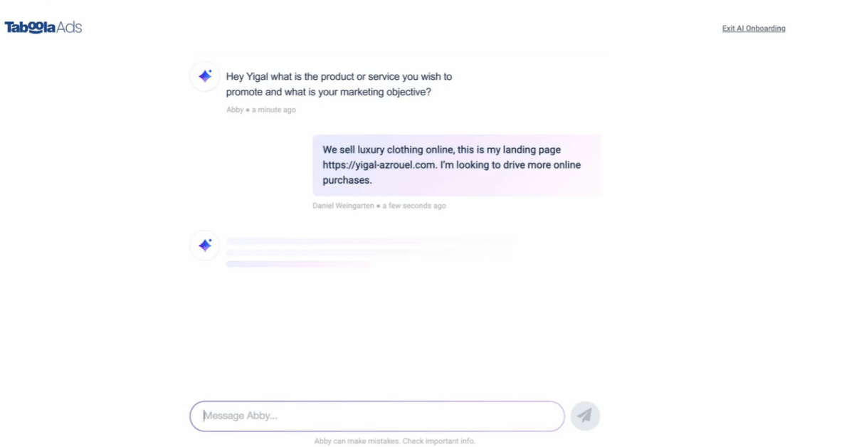 Abby AI onboarding chat asks what product to promote and the marketing objective, with a user reply and loading response