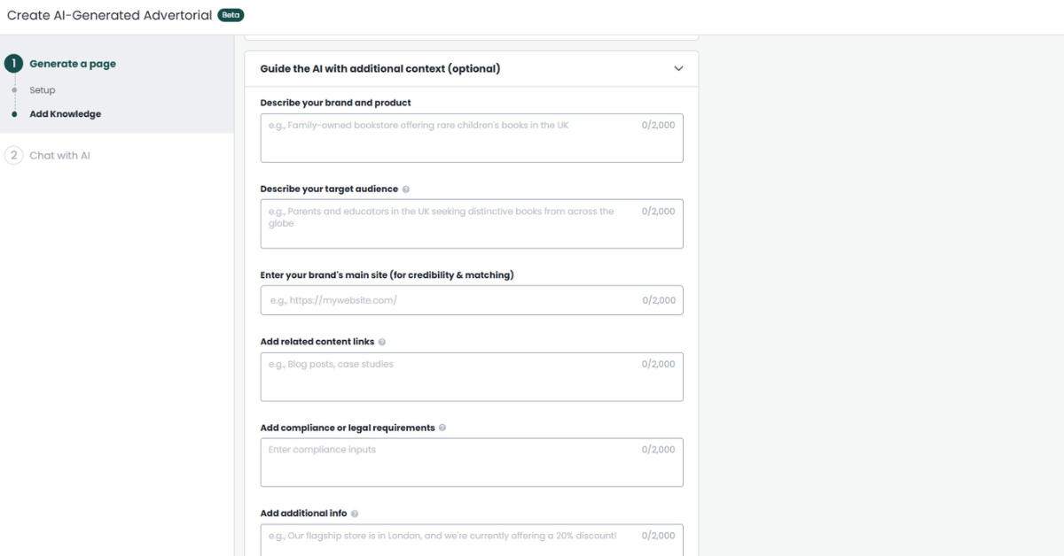 Taboola's AI-Generated Advertorial setup screen listing brand, audience, website, content links, and compliance input fields.