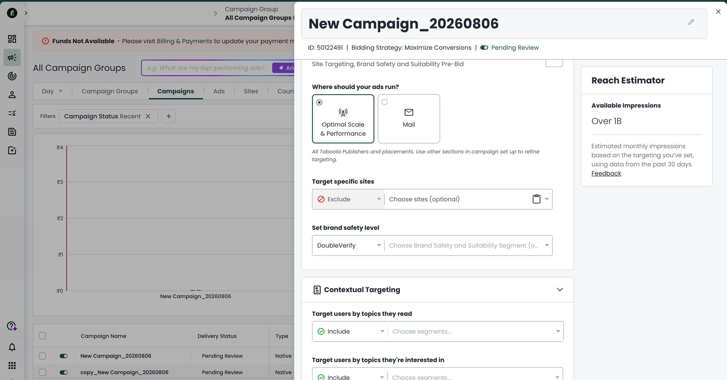 Taboola campaign setup panel showing site targeting, DoubleVerify brand safety, and a Reach Estimator over 1B impressions.