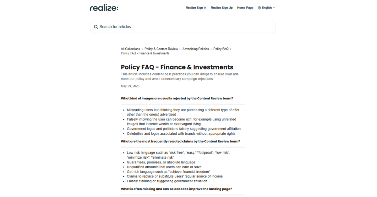 Taboola Realize policy page for Finance and Investments lists rejected claims such as risk-free and guarantees.