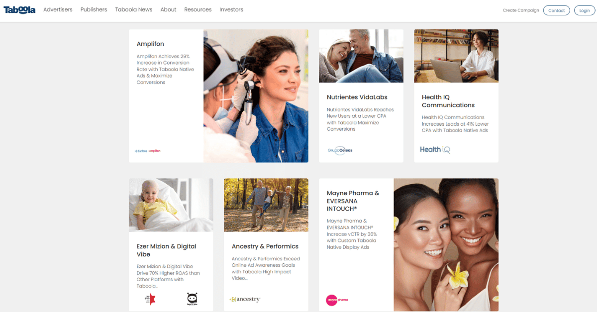Taboola's case-studies page listing six client cards, each with a company name and a one-line result summary.