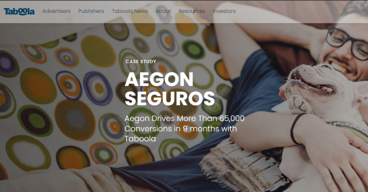 Taboola's website navigation menu above a featured case study banner for insurer Aegon Seguros with a lifestyle photo