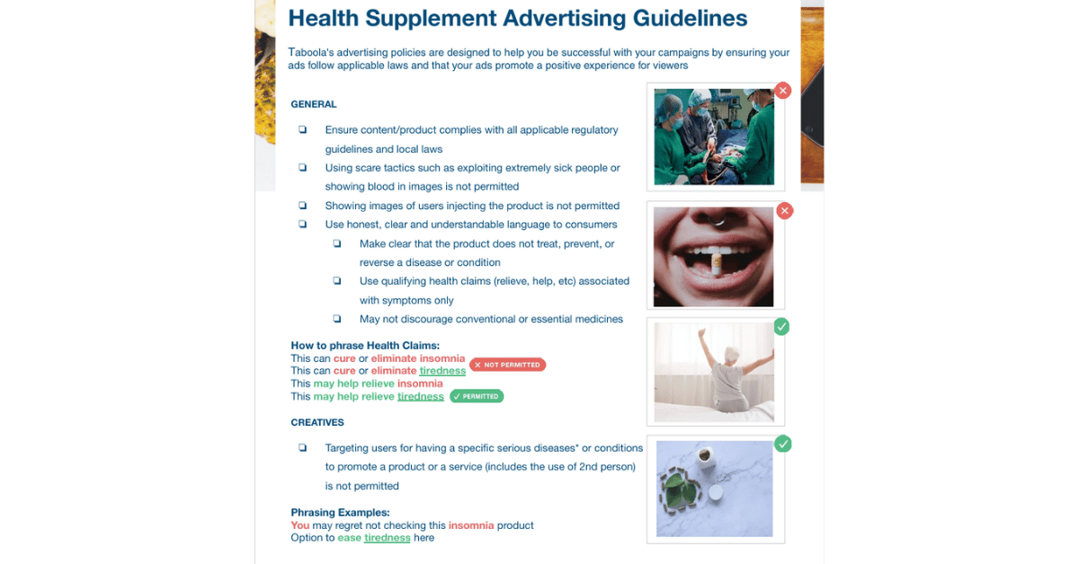 Taboola guidelines page listing prohibited and permitted supplement ad images and approved health claim phrasing examples.