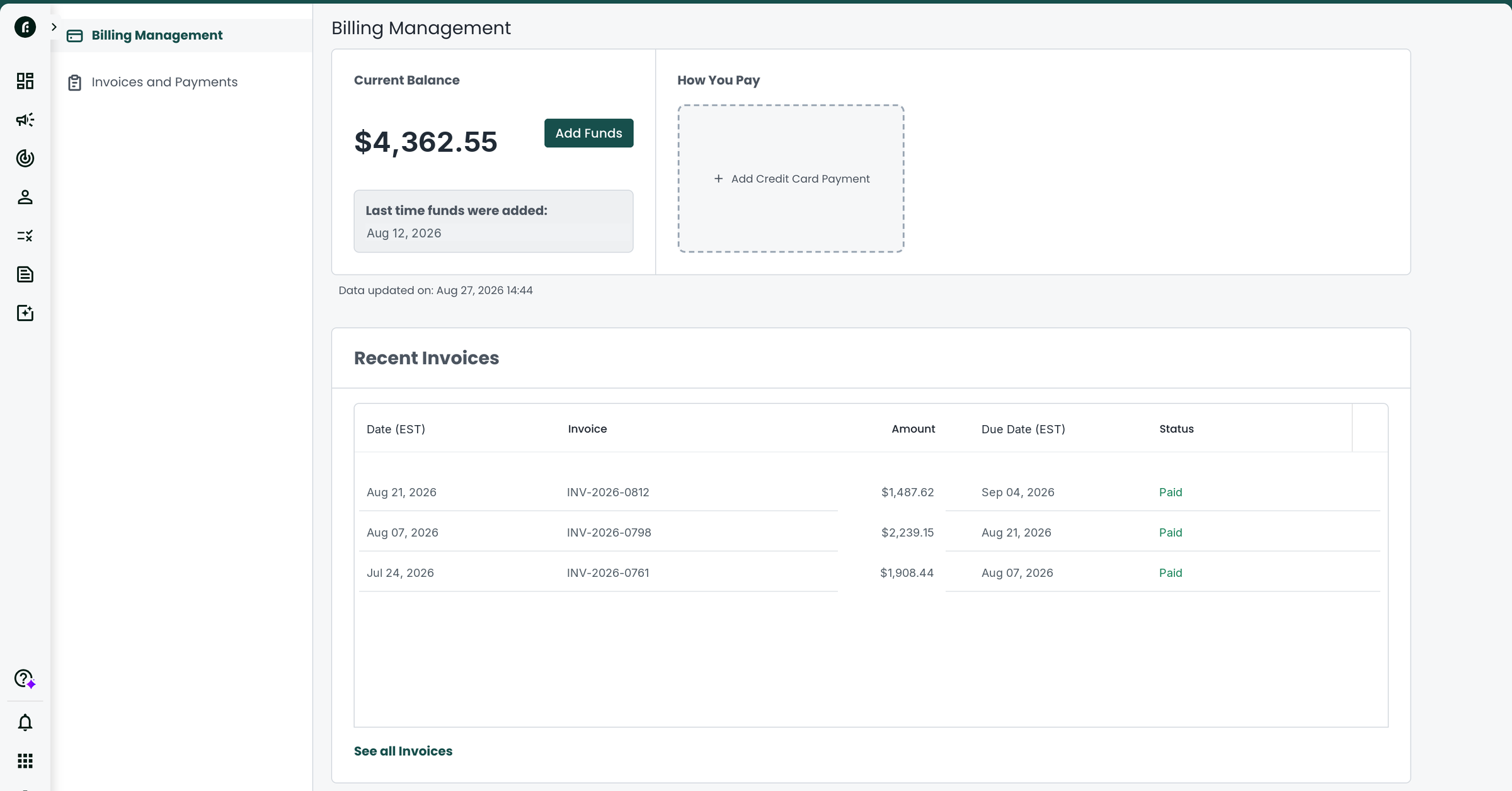 Taboola's Billing Management page displays a prepaid account balance, an Add Funds button, and a table of paid invoices.