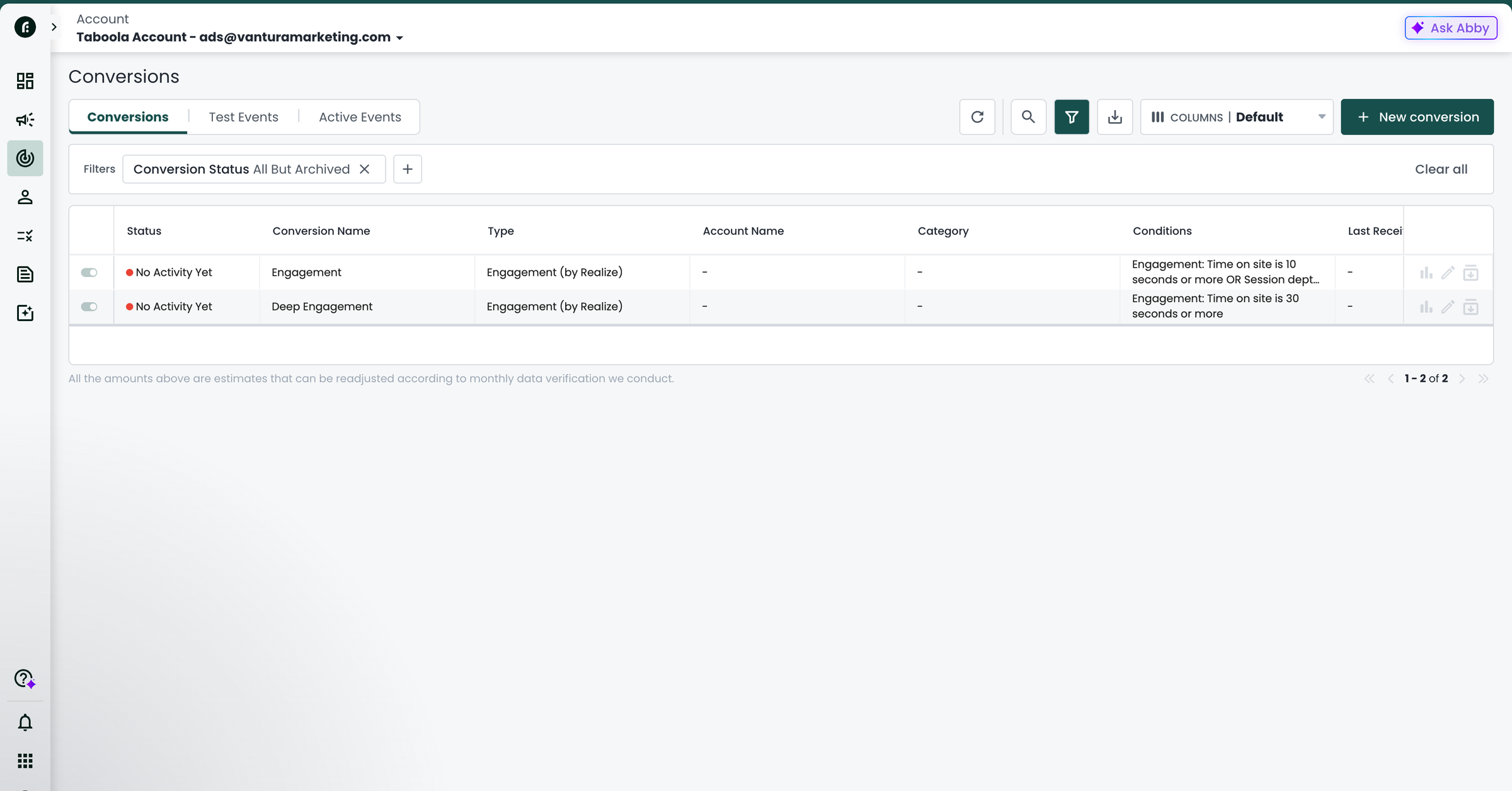 Taboola conversions dashboard listing Engagement and Deep Engagement events, both flagged No Activity Yet in Status