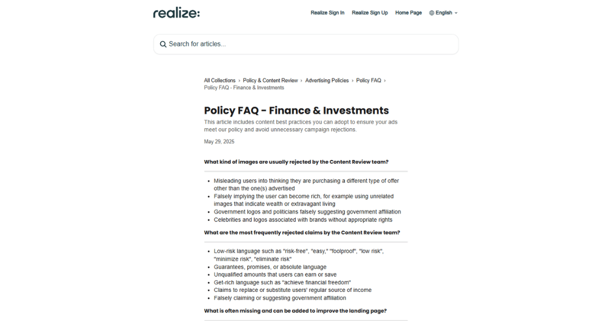 Realize Policy FAQ for Finance and Investments listing rejected image types and frequently rejected ad claims in bullet form