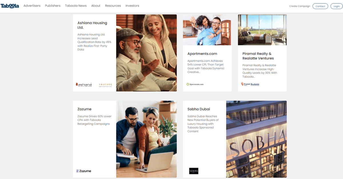 Taboola case study cards for five real estate brands: Ashiana Housing, Apartments.com, Piramal Realty, Zazume, Sobha Dubai.
