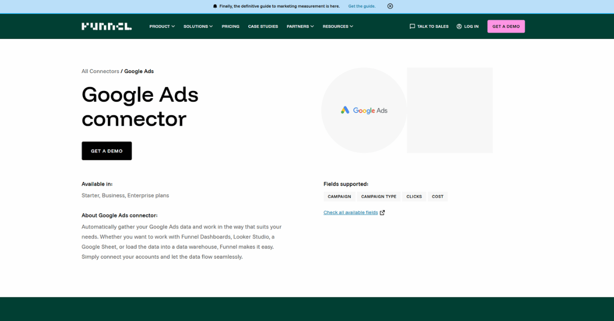 Funnel's Google Ads connector page listing supported fields: Campaign, Campaign Type, Clicks, and Cost.