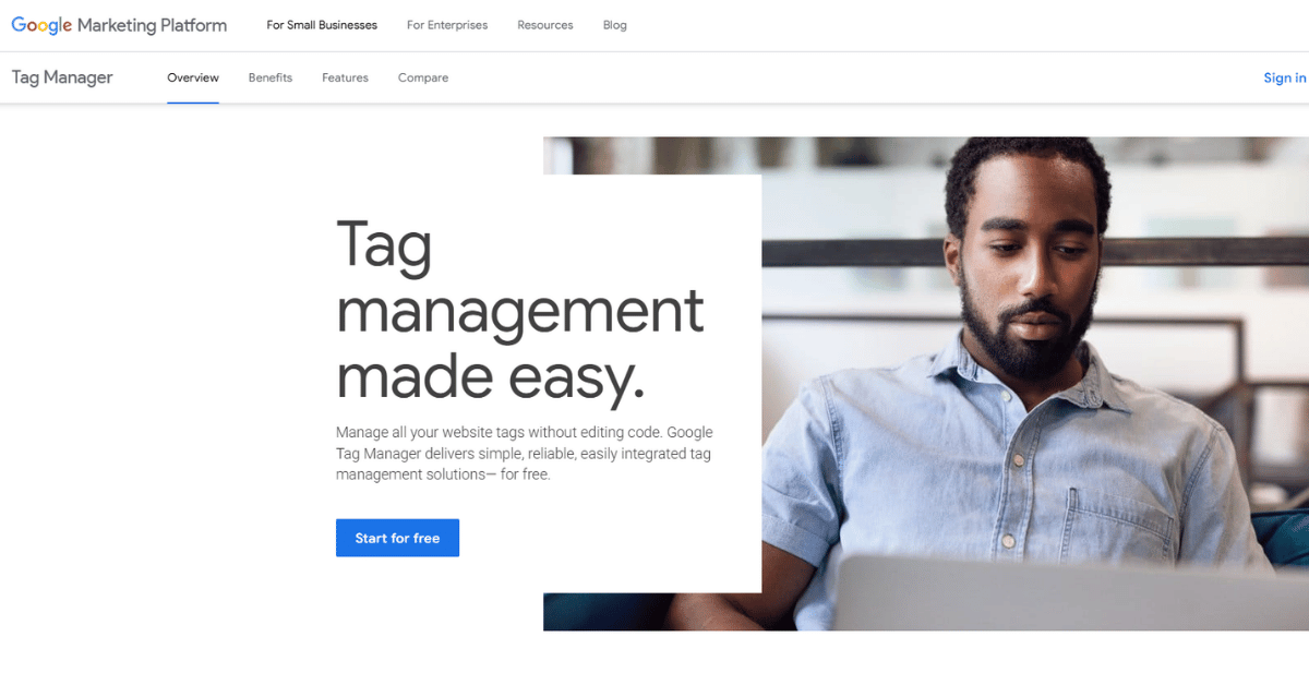Screenshot of Google Tag Manager's homepage, headline reading Tag management made easy, with a blue Start for free button.