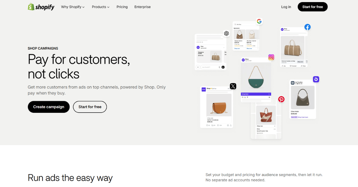 Shopify Shop Campaigns page screenshot: headline Pay for customers, not clicks, with Google, Facebook, Instagram ad cards.