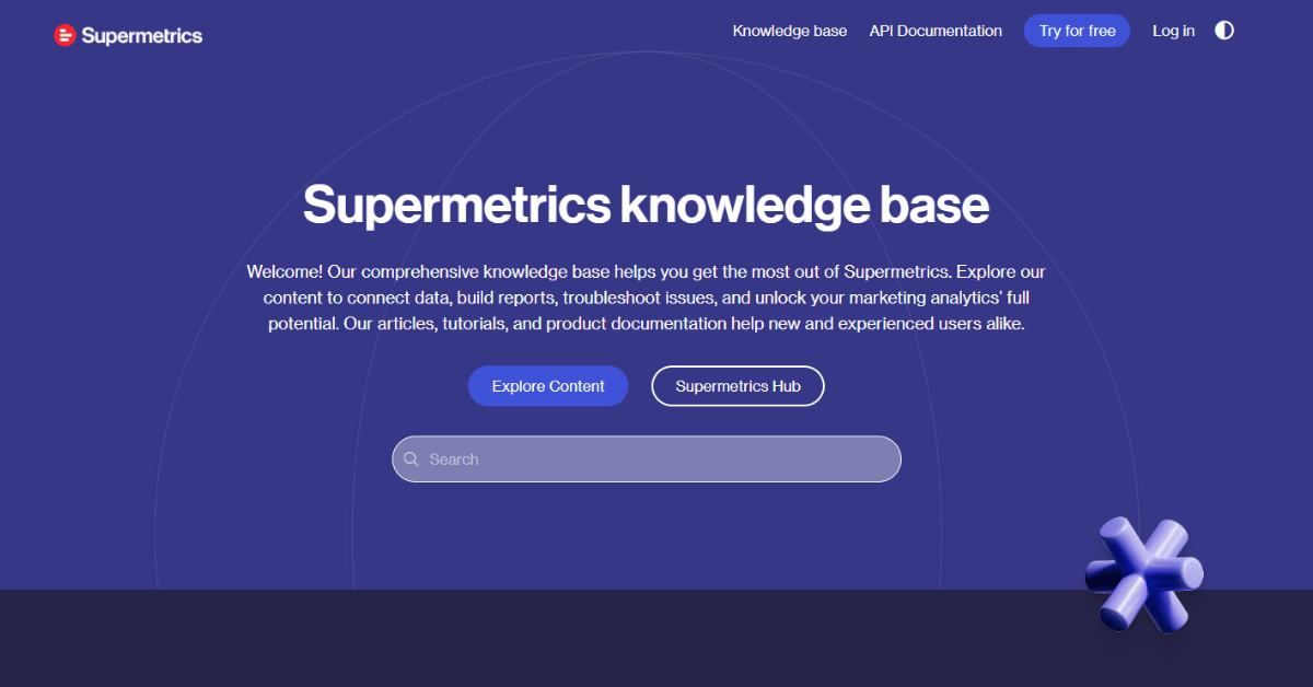 Supermetrics knowledge base homepage with nav links, a search bar, and Explore Content and Supermetrics Hub buttons