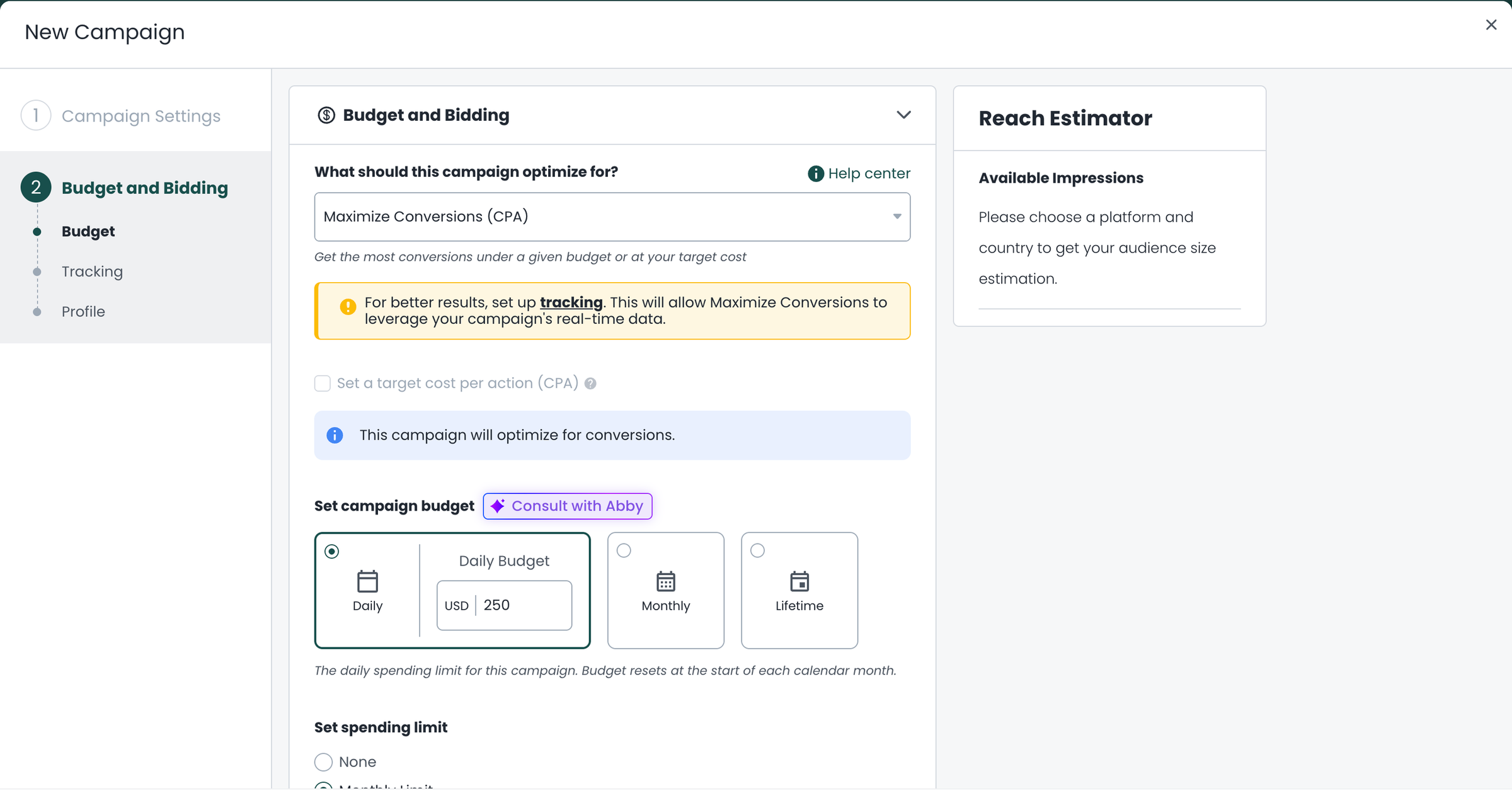 Taboola new campaign budget and bidding step with the daily budget field and spending pace options set for a test campaign
