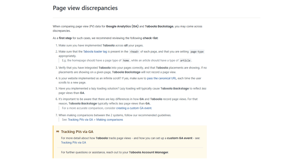 Taboola support documentation with a seven step checklist for reconciling page view counts against Google Analytics