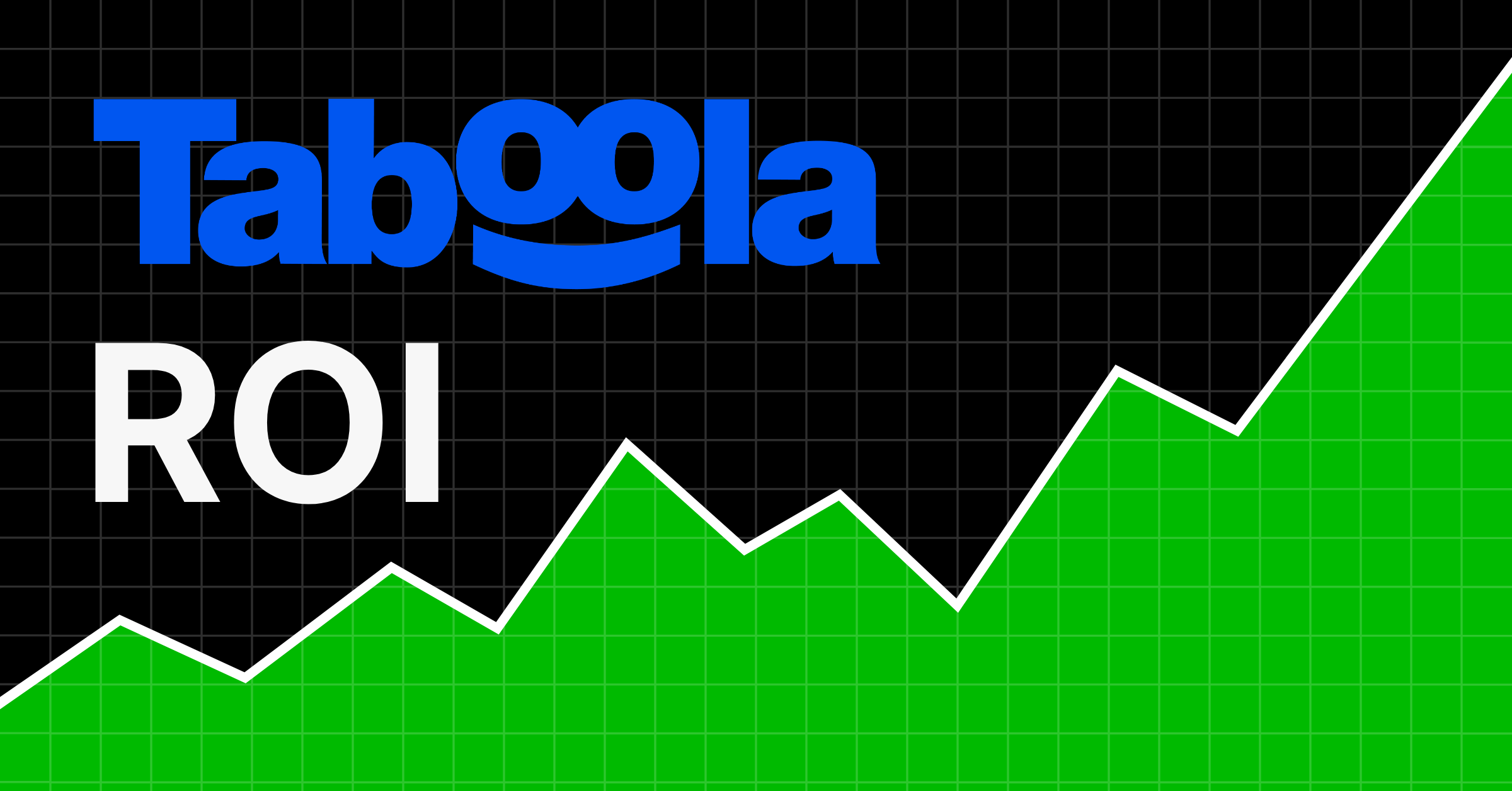 Green upward-trending area chart with a jagged line, the Taboola logo, and ROI text label on a black grid background.