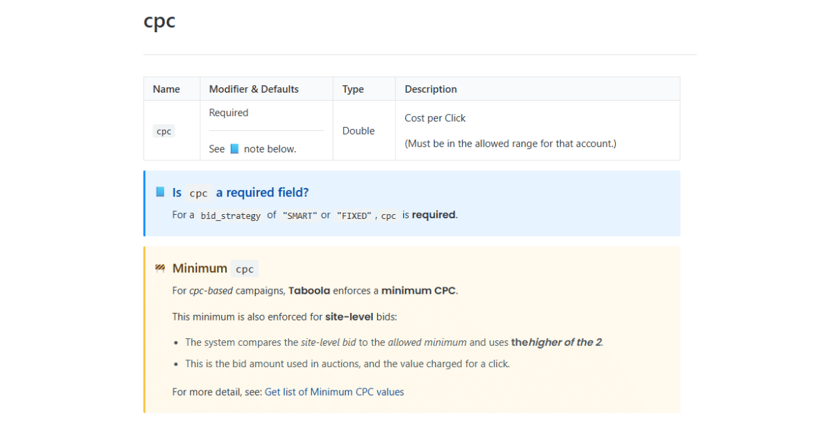 Taboola API table for the cpc field: type Double, required for SMART or FIXED bids, with a minimum CPC enforcement rule.
