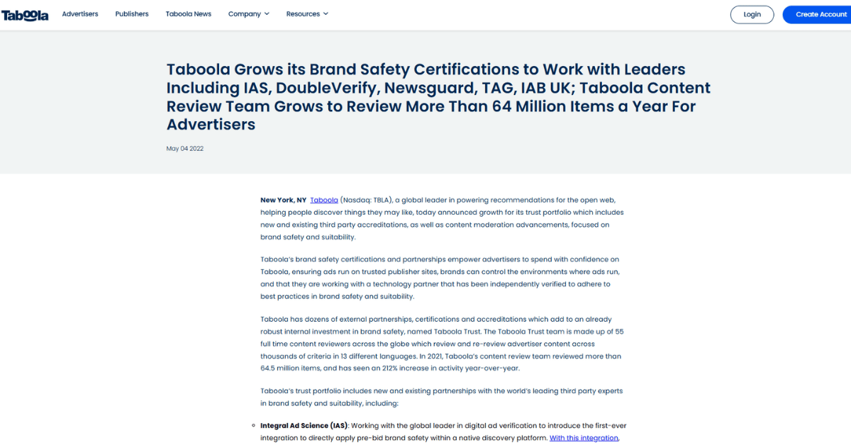 Taboola.com press release headline on brand safety certification growth with IAS, DoubleVerify and Newsguard, dated May 2022.
