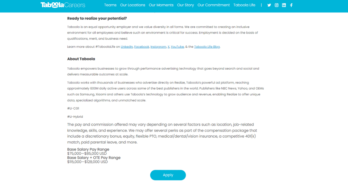 Taboola's own careers listing for a role, showing base salary and on-target-earnings pay ranges beside an Apply button.