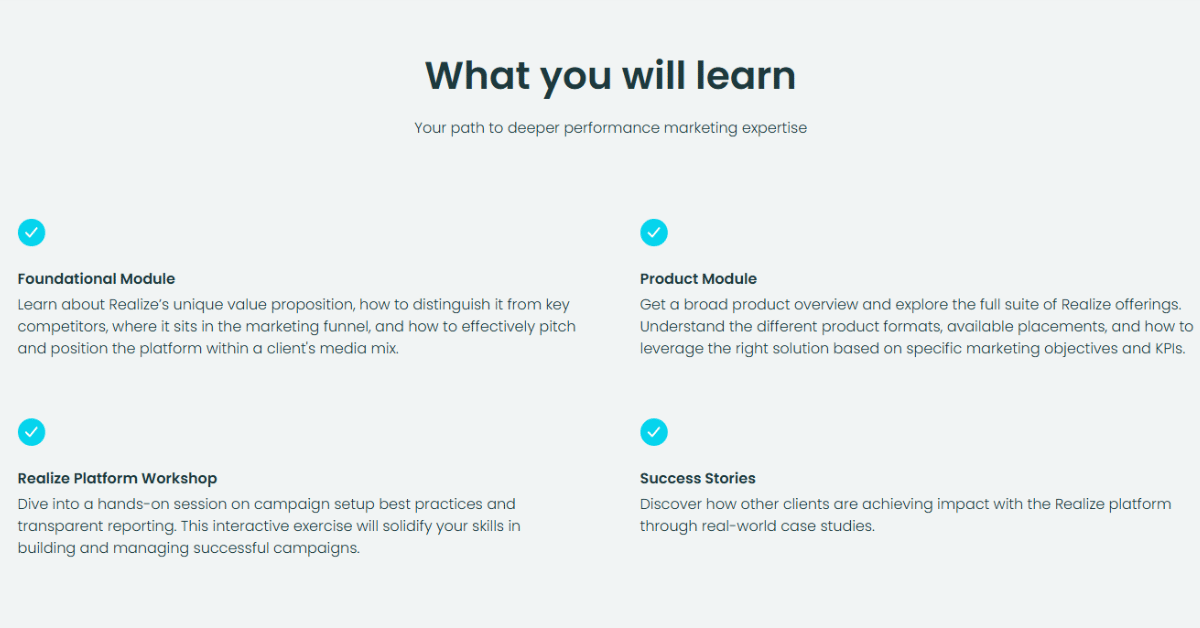 Four-item checklist graphic listing training modules: Foundational, Product, Realize Platform Workshop, and Success Stories