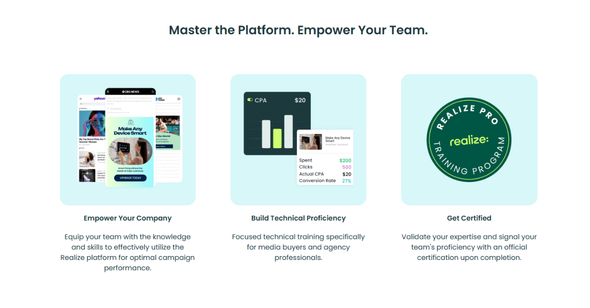 Three-panel graphic: ad mockup, a dashboard reading $20 CPA and 27% conversion rate, and a Realize Pro certification badge.