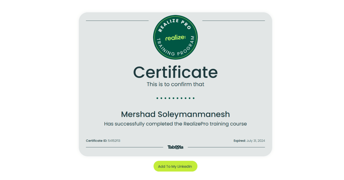 Taboola RealizePro certificate with a green seal, recipient name, completion line, certificate ID, and LinkedIn button.