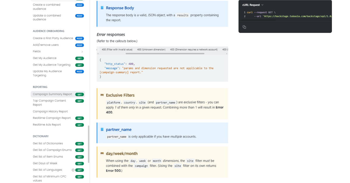 Taboola Backstage API docs screenshot showing a 400 error JSON response with exclusive-filter and partner_name callouts.