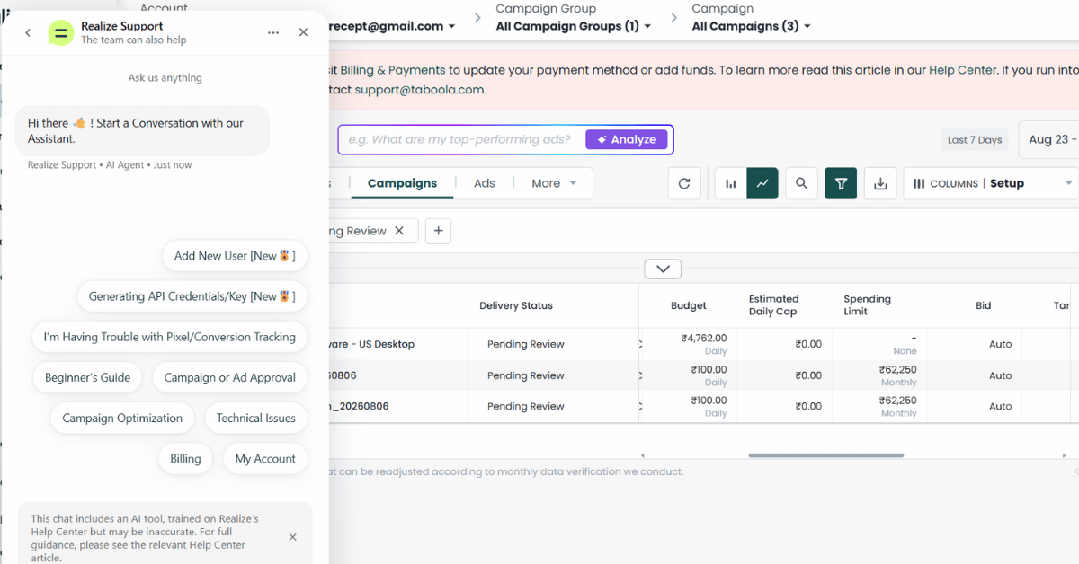 Taboola support chat panel open over the campaigns dashboard, listing pixel and conversion tracking as a topic button.