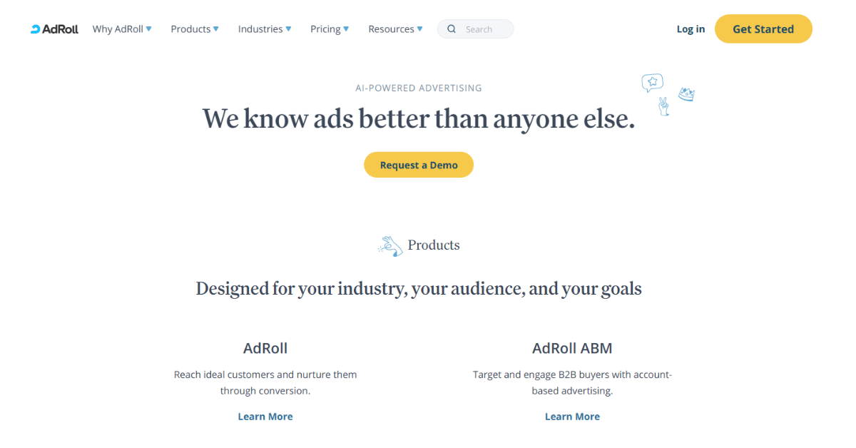 AdRoll site listing two products: AdRoll for retargeting through conversion, and AdRoll ABM for account-based advertising.