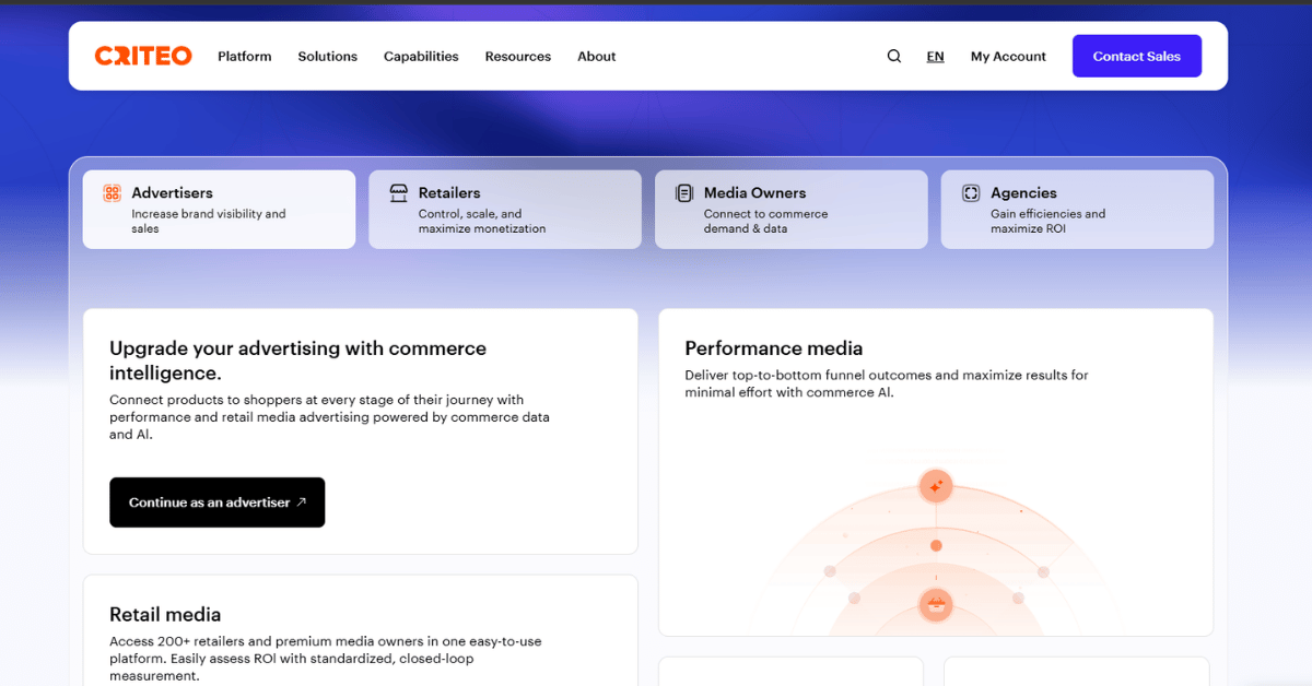 Criteo header with Advertisers, Retailers, Media Owners, and Agencies tabs above Performance media and Retail media panels.