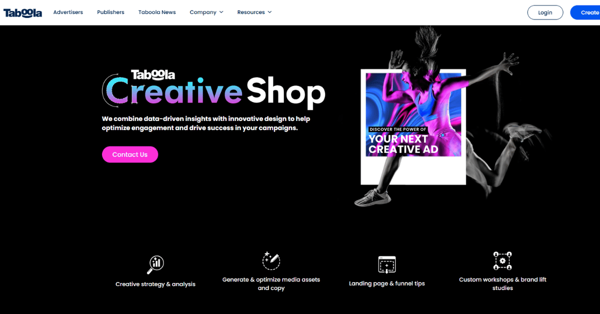 Taboola's Creative Shop page listing four services: strategy analysis, asset creation, funnel guidance, and brand workshops.