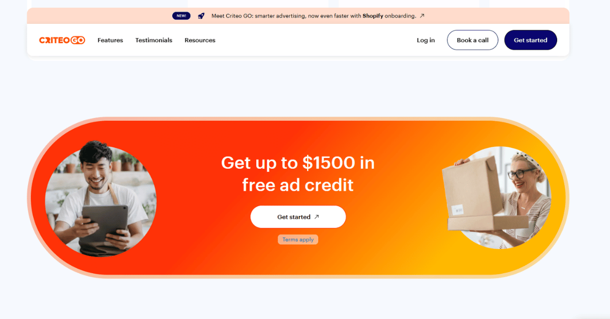 Criteo GO's website hero banner offering up to $1500 in free ad credit with a Get started button and top navigation menu