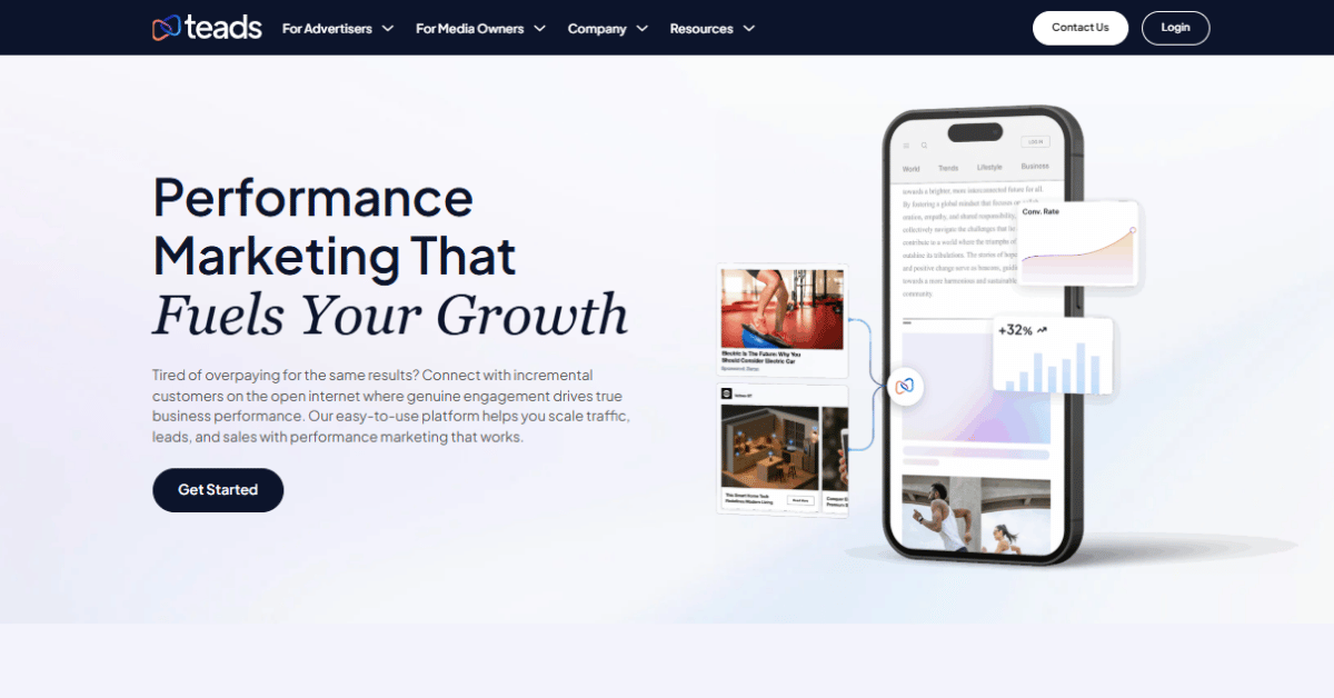Teads.com hero banner reading 'Performance Marketing That Fuels Your Growth' next to a phone with a Conv. Rate chart.