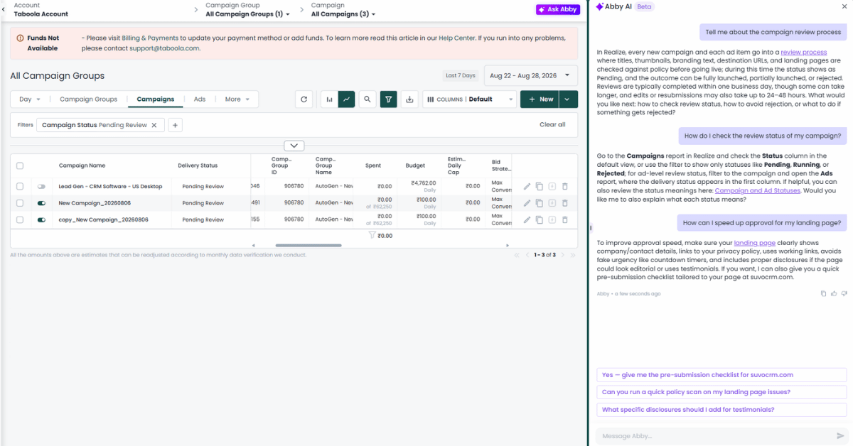 Realize interface split view: a campaigns table showing three campaigns marked Pending Review beside an open Abby AI chat.