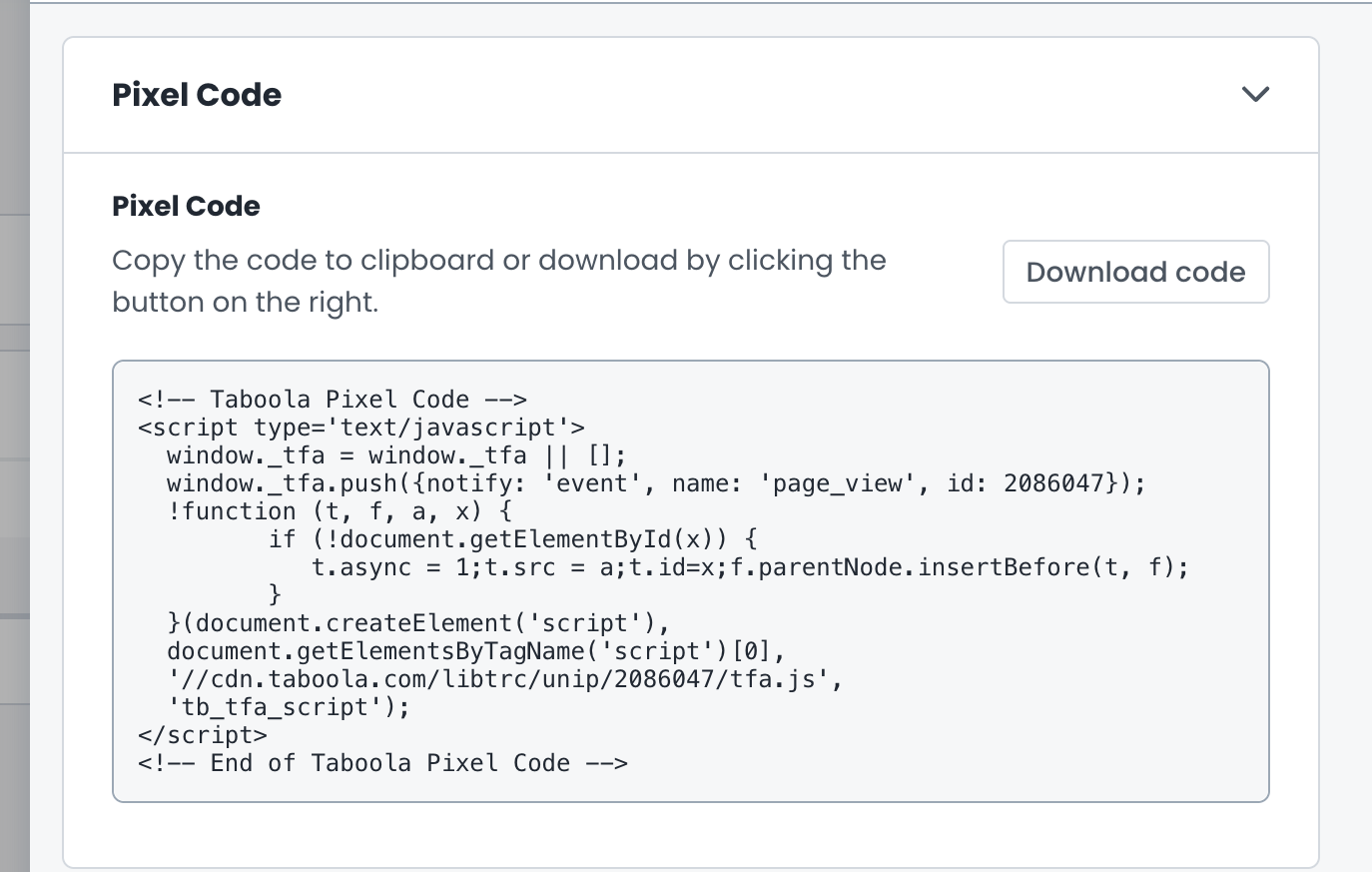 Taboola's Pixel Code panel showing the tracking script tag with a page_view event call and a Download code button.